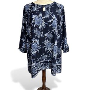 Coldwater Creek Ladies Blue Tunic Shirt 3/4 Sleeve top Coastal Grandma Sz L